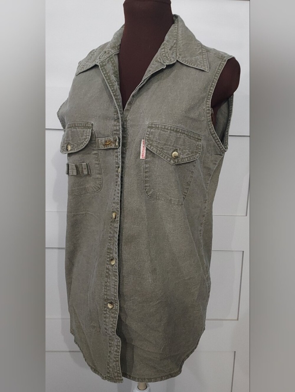 ON SAFARI Womens Olive Green Denim Utility Sleeveless Top
